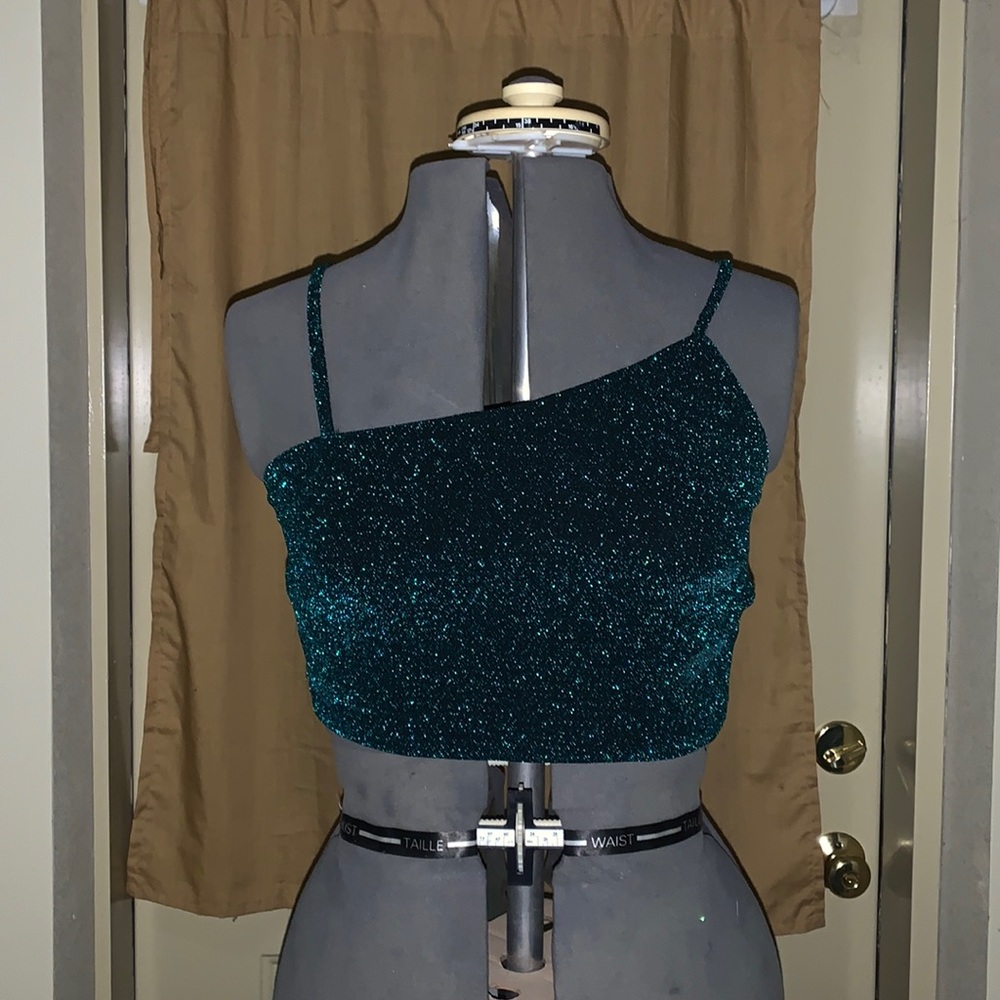 Lulus Sparkly Green Asymmetrical Crop Top L